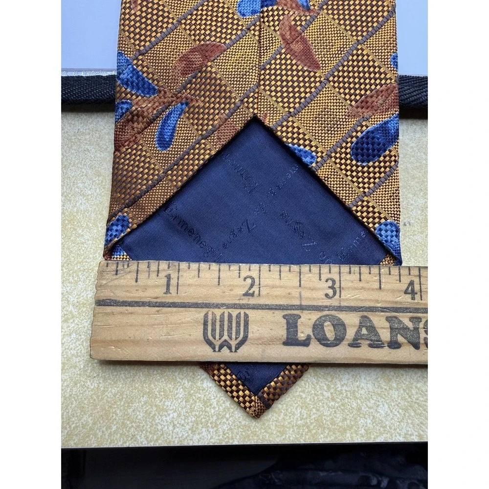 Ermenegildo Zegna‎ Silk Tie Italy Gold Blue Abstract Check Jacquard Wide